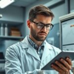 Kutató laboratóriumban, táblagéppel elemzést végez.