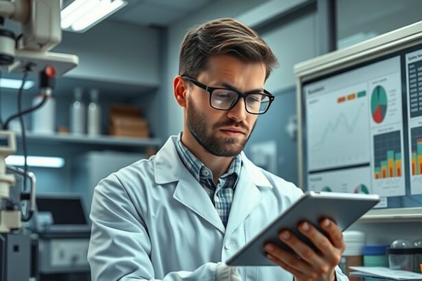 Kutató laboratóriumban, táblagéppel elemzést végez.