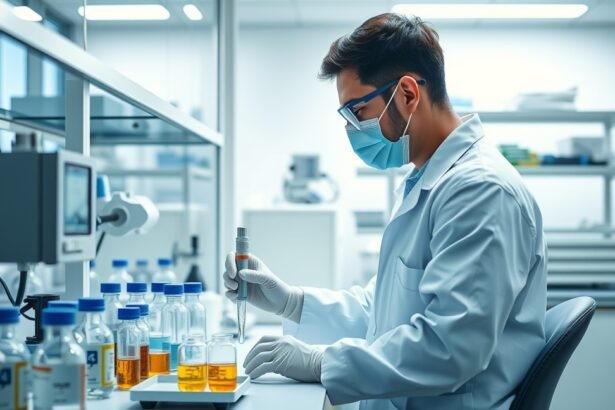 Laboráns dolgozik laboratóriumban, szérumokat készít.