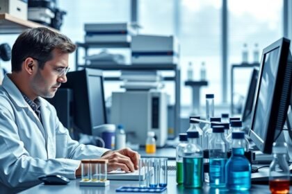 Laborasszisztens dolgozik a laboratóriumban számítógép előtt