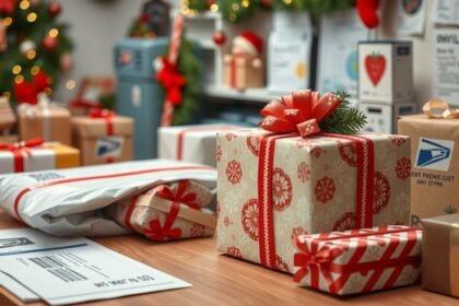 Karácsonyi ajándékok postázása, díszített csomagok az ünnepek előtt.