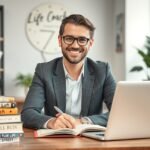 Life coach mosolygós férfi az íróasztalánál, jegyzetelés közben.