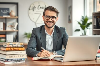 Life coach mosolygós férfi az íróasztalánál, jegyzetelés közben.