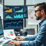 Logisztikai mérnök dolgozik számítógépen adatelemzés közben