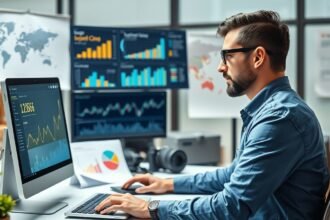 Logisztikai mérnök dolgozik számítógépen adatelemzés közben