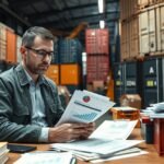Logisztikai szakember dokumentumokat néz egy raktárban.
