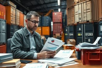 Logisztikai szakember dokumentumokat néz egy raktárban.
