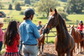 Lovasoktató tanítja az izgalmas lovaglást egy csoport fiatalnak.