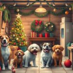 Karácsonyi állatmenhelyi jelenet több kutyával és díszített fenyőfával.