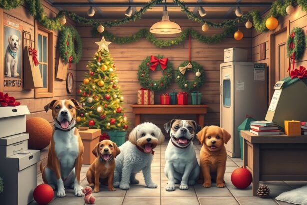 Karácsonyi állatmenhelyi jelenet több kutyával és díszített fenyőfával.