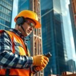 Magasépítő technikus építkezés közben, modern városi környezetben.