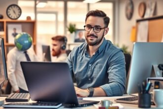 Egy marketinges férfi ül az íróasztalánál számítógép előtt.