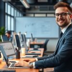 Marketing menedzser munkahelyi környezetben laptop mellett.