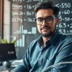 Matematikus dolgozik egy modern irodában, grafikonokkal a háttérben.