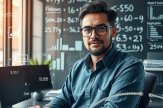 Matematikus dolgozik egy modern irodában, grafikonokkal a háttérben.