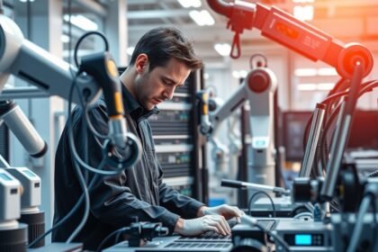 Mechatronikai technikus munka közben automatizált gyártósoron