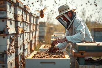 Méhész munka közben a kaptárak között, méhek zümmögésével.