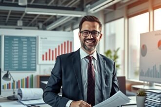 Menedzser a munkahelyén pénzügyi adatokkal és grafikonnal