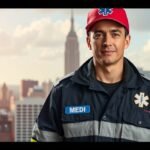 Mentőápoló városi háttér előtt, egészségügyi szolgáltatás