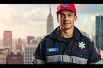 Mentőápoló városi háttér előtt, egészségügyi szolgáltatás