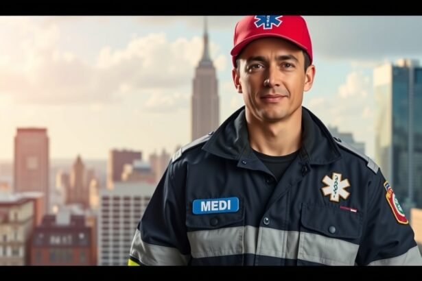 Mentőápoló városi háttér előtt, egészségügyi szolgáltatás