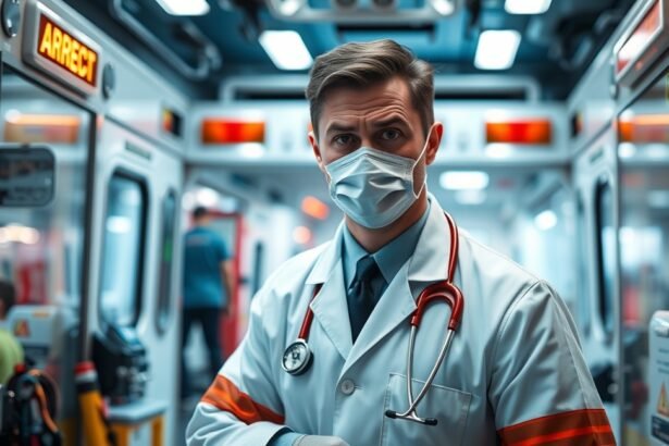 Mentőorvos egy mentőautóban, egészségügyi ellátás közben.