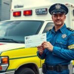 Mentős a mentőautó előtt, fizetési csekkel a kezében.