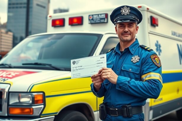 Mentős a mentőautó előtt, fizetési csekkel a kezében.