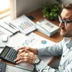 Mérlegképes könyvelő munkahelyén, számítógép és adatok mellett.