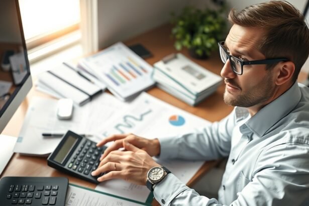 Mérlegképes könyvelő munkahelyén, számítógép és adatok mellett.