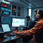 Mérnökinformatikus dolgozik a számítógépnél statisztikai adatokkal.