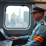 Metróvezető vezeti a metrót a városban, háttérben modern felhőkarcolók.