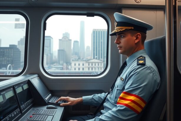 Metróvezető vezeti a metrót a városban, háttérben modern felhőkarcolók.