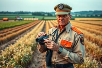Mezőőr terepen, távolsági látcsővel egy mező mellett.