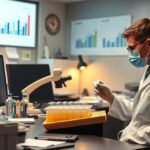 Mikrobiológus laboratóriumi munka közben, kémcsövek és grafikonok.