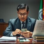 Egy miniszter pénzt számolja az íróasztalánál, politikai környezetben.