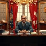 Miniszterelnök íróasztalnál ülve, politikai környezetben.