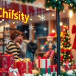 Karácsonyi dekoráció kirakat ünnepi hangulattal és ajándékcsomagokkal