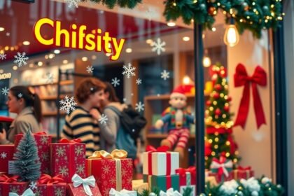 Karácsonyi dekoráció kirakat ünnepi hangulattal és ajándékcsomagokkal