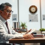 Minisztériumi osztályvezető munkahelyén, dokumentumokat nézve.