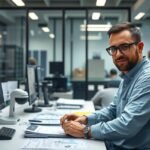 Minőségbiztosítási mérnök irodai környezetben, számítógépek előtt.