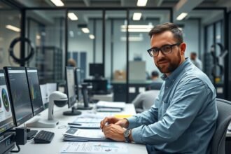 Minőségbiztosítási mérnök irodai környezetben, számítógépek előtt.