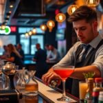 Fiatal mixer koktélt készít egy modern bárpult mögött