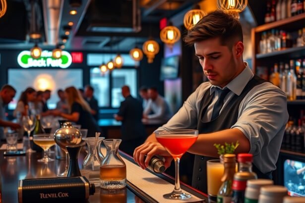 Fiatal mixer koktélt készít egy modern bárpult mögött