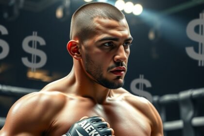 MMA harcos a ringben, pénz szimbólumokkal a háttérben