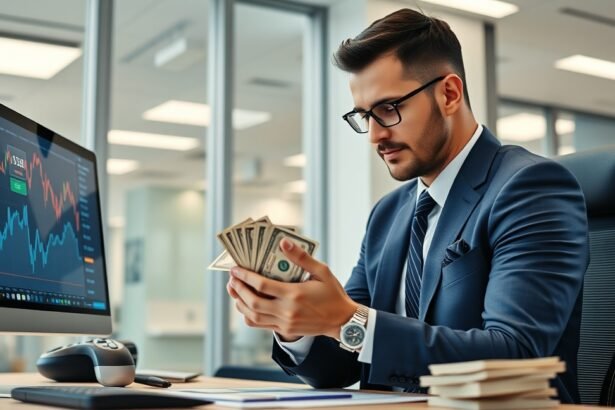 Mobilbankár pénzügyi szakember, aki pénzt számol az irodában.