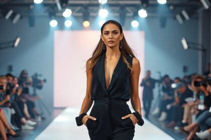 Modell a divatbemutatón, fekete öltönyben, fényes háttér előtt.