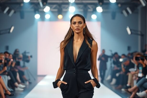 Modell a divatbemutatón, fekete öltönyben, fényes háttér előtt.