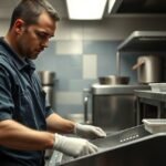 Mosogató a konyhában edényeket tisztít.