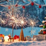 Karácsonyi csillagszórók, tűzijáték és díszek havas tájon.